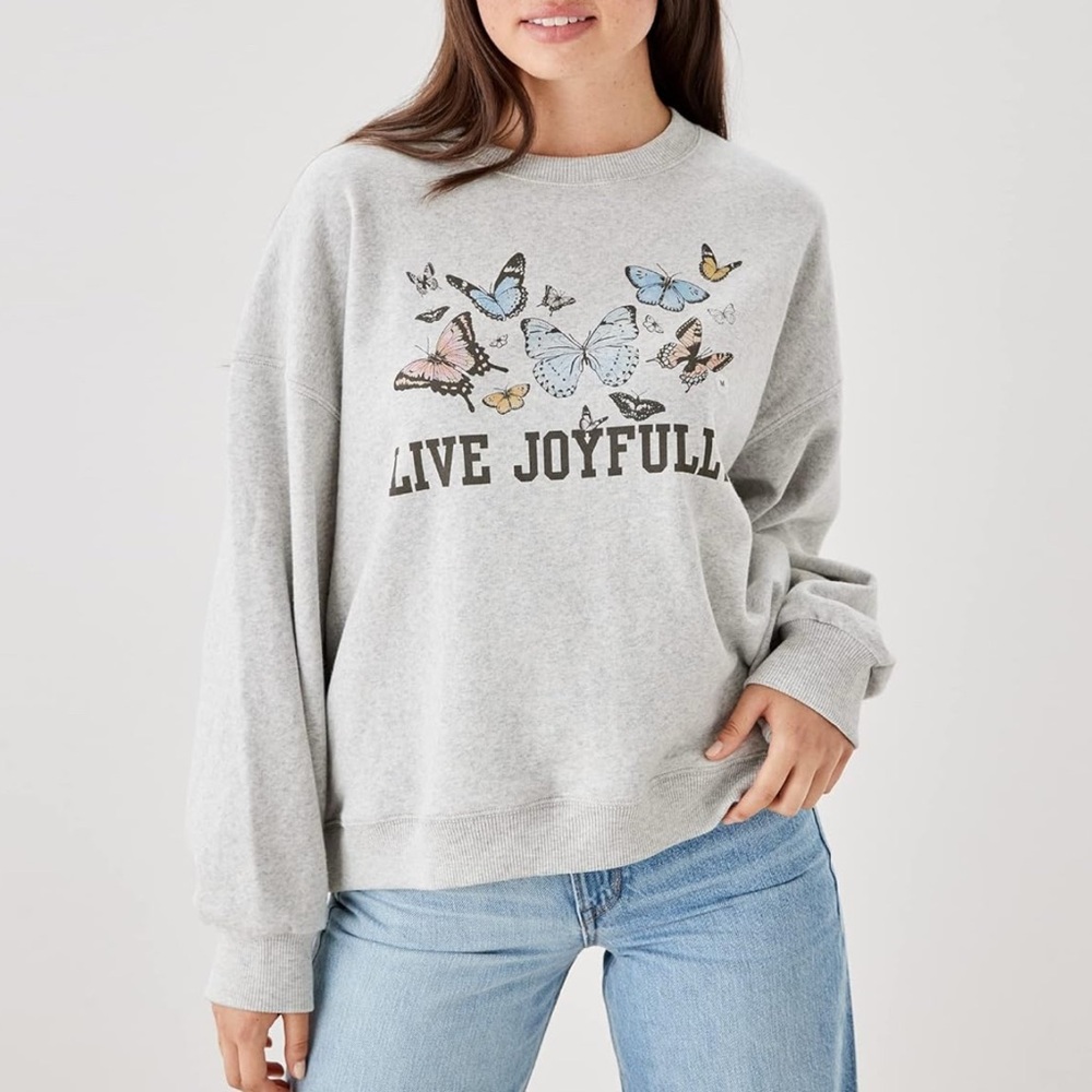 American Eagle ‘Live Joyfully' Cozy Gray Sweatshirt Colorful Butterflies Size XS